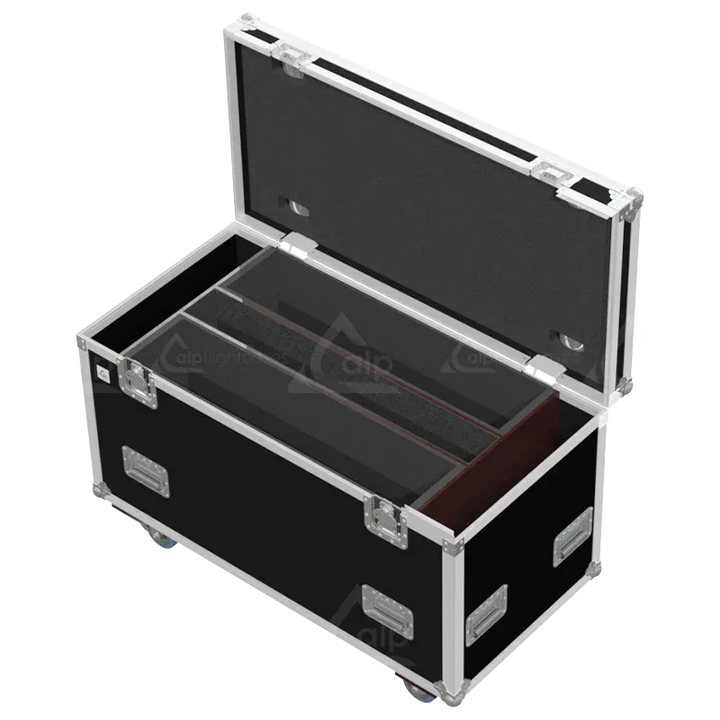 Empty flight case for 2x Elation KL Panel XL showing precision-cut slots and central accessory compartment