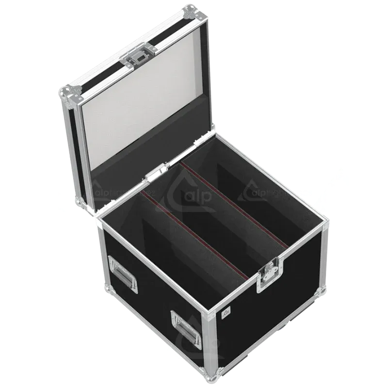 Empty flight case for 2x Elation KL Panel showing precision-cut slots and central accessory compartment