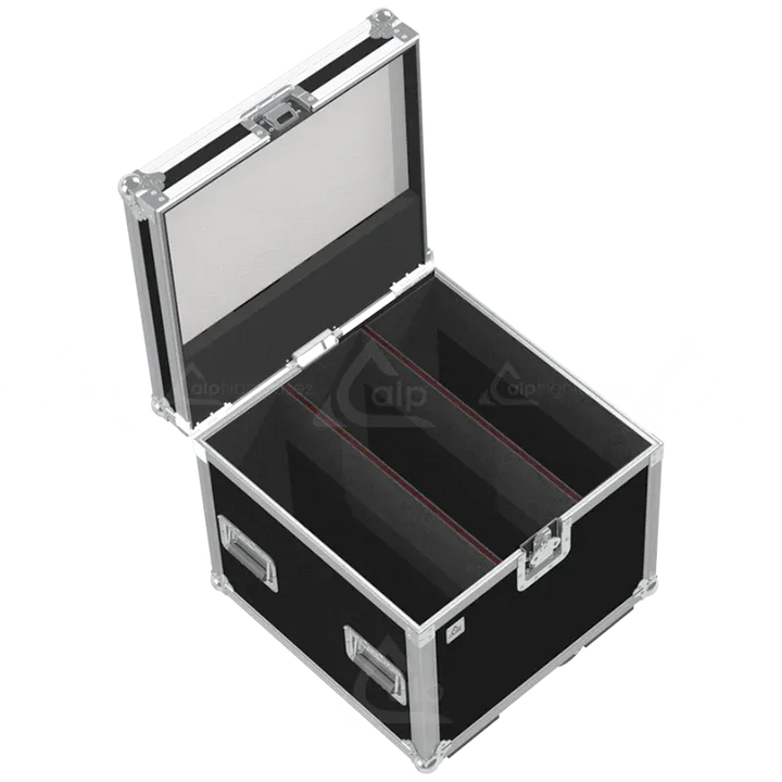 Empty flight case for 2x Elation KL Panel showing precision-cut slots and central accessory compartment