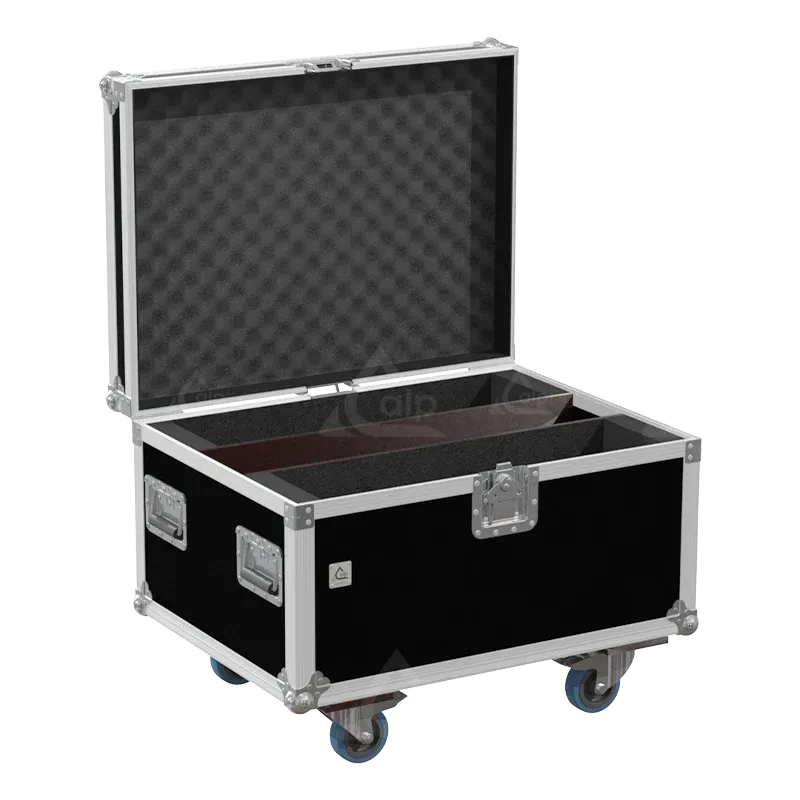 Empty ALP FLIGHT CASES 2-way trunk for Elation Protron Eclypse showing internal slots and cable management space