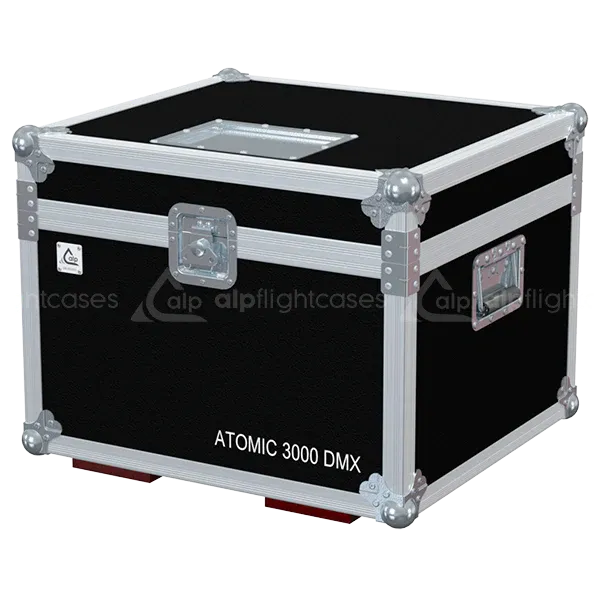 ALP FLIGHT CASES front view of 2x Martin Atomic 3000 DMX strobe flight case with heavy-duty touring hardware and wheels