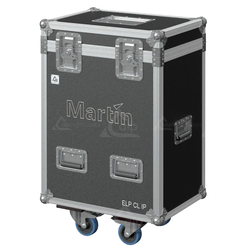 Front view of 2x Martin ELP CL IP flight case with wheels and heavy-duty touring hardware