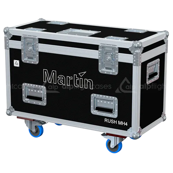 ALP FLIGHT CASES front view of 2x Martin RUSH MH4 Beam flight case with heavy-duty touring hardware
