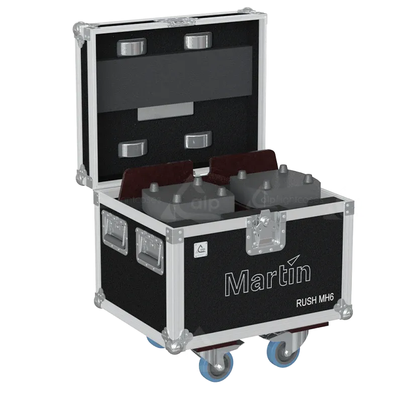 2x Martin Rush MH 6 Wash fixtures inside ALP FLIGHT CASES with custom CNC foam