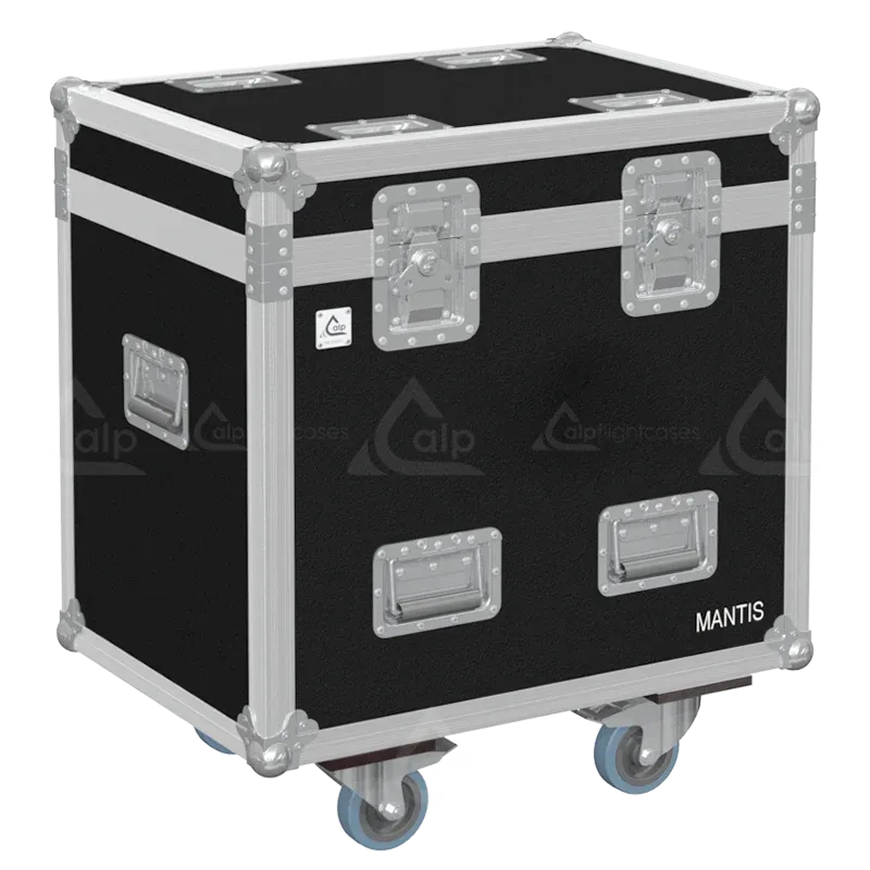Front view of 2x Portman Mantis flight case with wheels and heavy-duty touring hardware