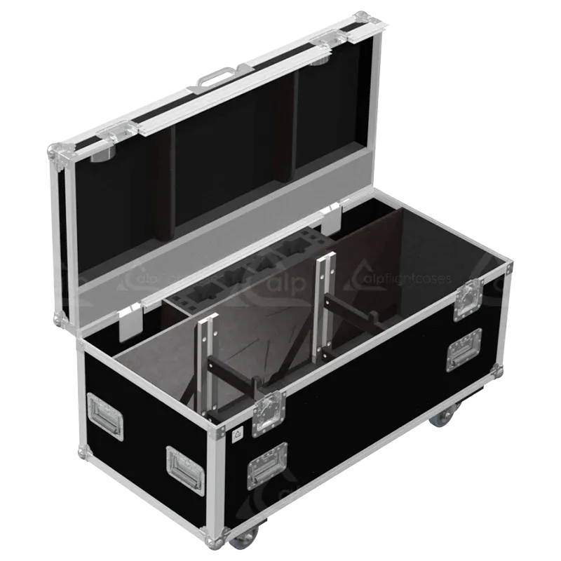 Empty flight case for 2x Portman S-Tribe showing precision-cut slots and accessory space