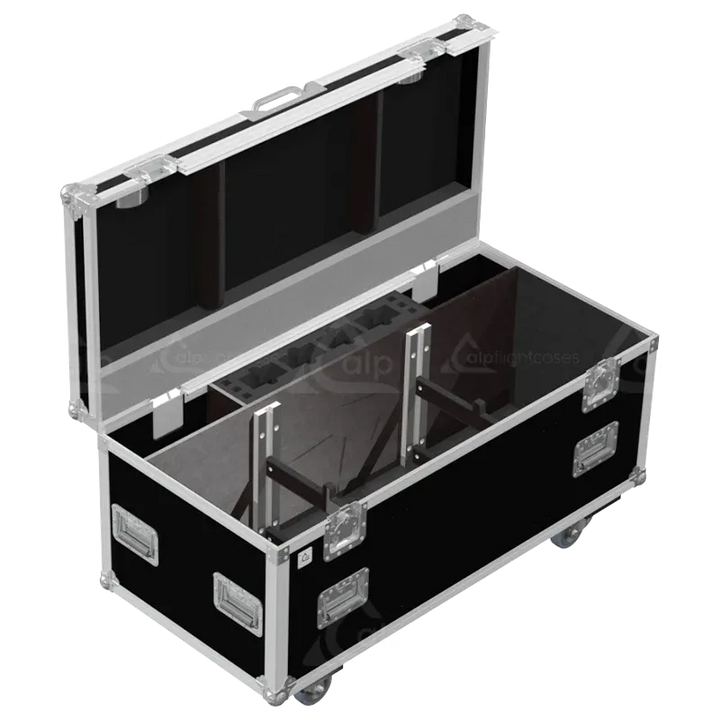Empty flight case for 2x Portman S-Tribe showing precision-cut slots and accessory space