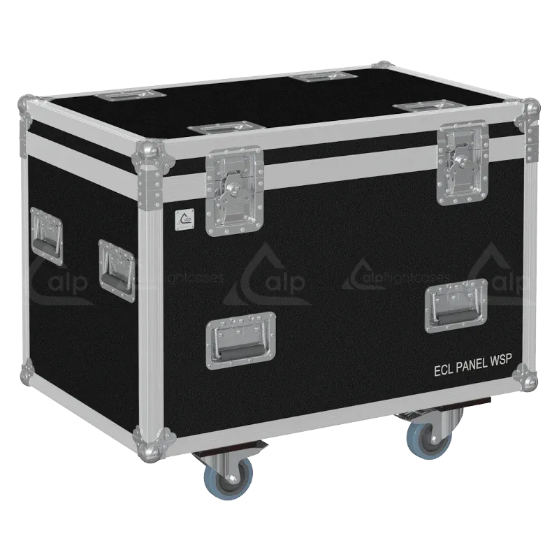 Front view of 2x Prolights MOSAICO flight case with wheels and heavy-duty touring hardware