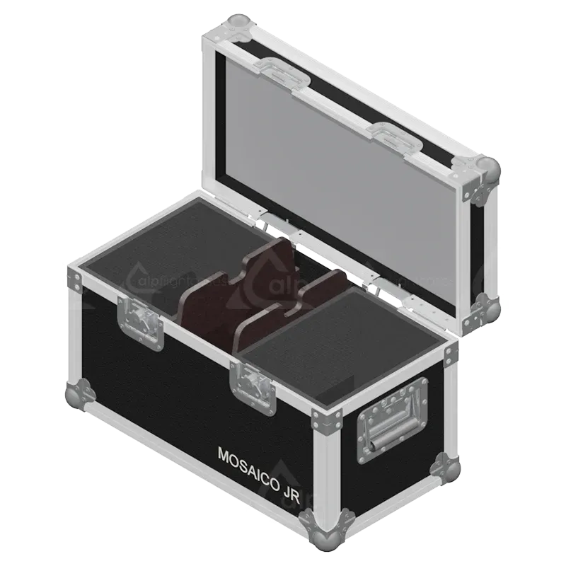 Empty flight case for 2x Prolights MOSAICO JR showing precision-cut slots and accessory space for lenses