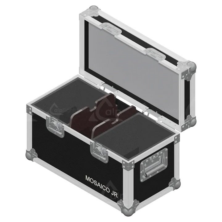 Empty flight case for 2x Prolights MOSAICO JR showing precision-cut slots and accessory space for lenses