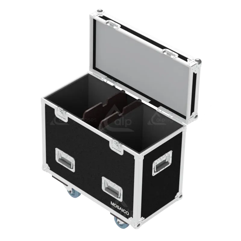 Empty flight case for 2x Prolights MOSAICO showing precision-cut slots and dedicated accessory space