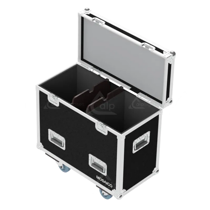 Empty flight case for 2x Prolights MOSAICO showing precision-cut slots and dedicated accessory space
