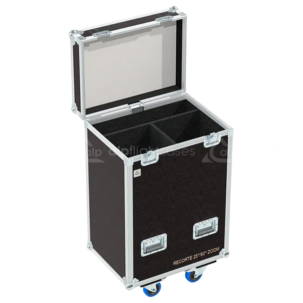 Empty flight case for 2x ETC S4 25°-50° Zoom Profile with precision-cut compartments and accessory storage