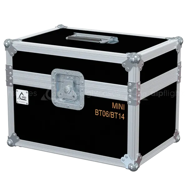 Front view of 2x Showven Sparkular Mini BT06 flight case with wheels and heavy-duty touring hardware