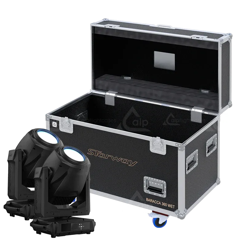 2x Starway Baracca 360 Wet fixtures standing next to the ALP FLIGHT CASES touring solution