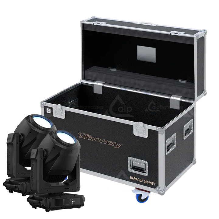 2x Starway Baracca 360 Wet fixtures standing next to the ALP FLIGHT CASES touring solution