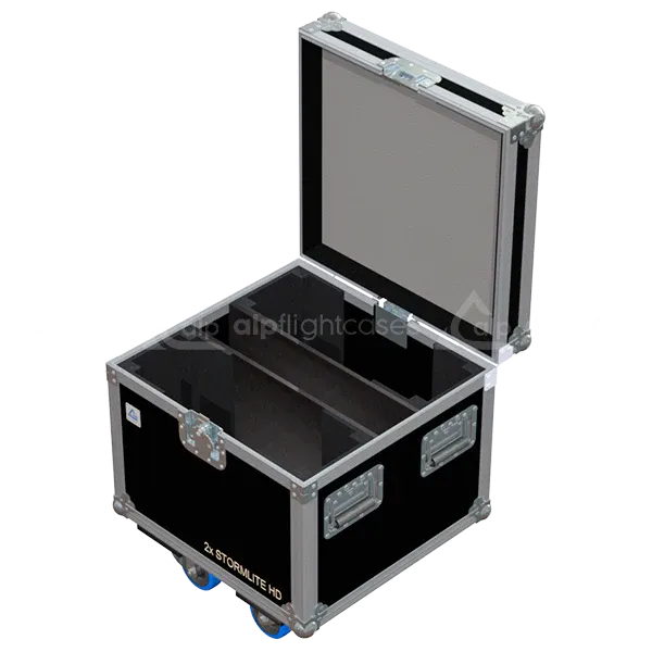 Empty ALP FLIGHT CASES 2-way trunk for Starway Stormlite HD showing internal slots and cable management space