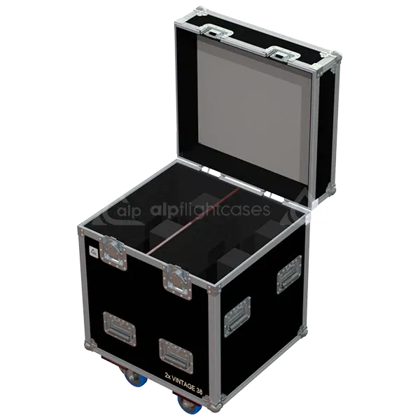 Empty flight case for 2x Vintage 38cm showing precision-cut vertical slots and reinforced storage for vintage-style lighting