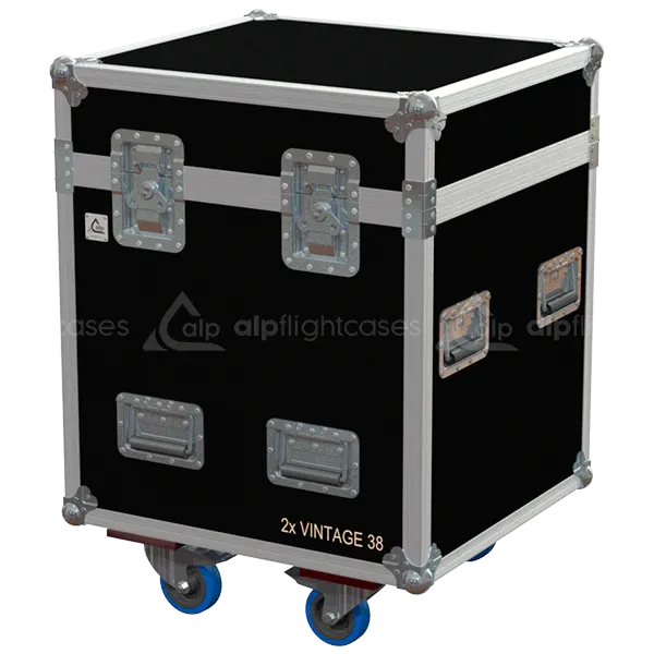 Front view of 2x Vintage 38cm Decorative Bowl Reflector flight case with wheels and heavy-duty touring hardware