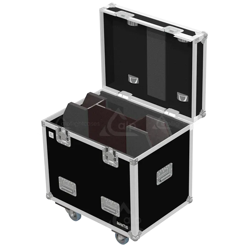Empty flight case for 2x Portman Mantis showing precision-cut slots and accessory space