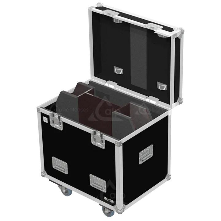 Empty flight case for 2x Portman Mantis showing precision-cut slots and accessory space