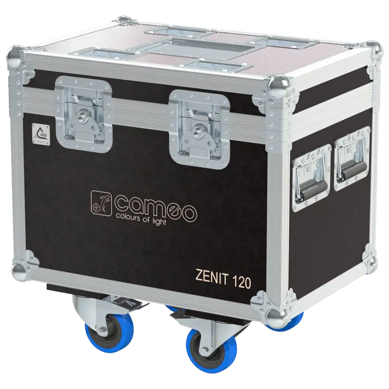 Front view of 2x Cameo ZENIT W120 flight case with wheels and heavy-duty touring hardware