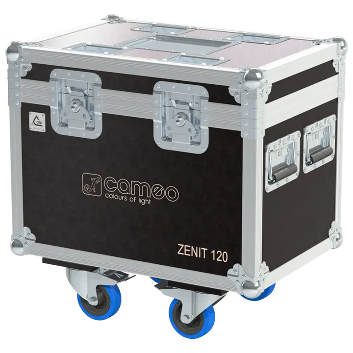 Front view of 2x Cameo ZENIT W120 flight case with wheels and heavy-duty touring hardware