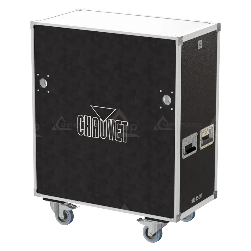 Front view of 2x Chauvet Ovation E-910FC 15-30º flight case with wheels and heavy-duty touring hardware
