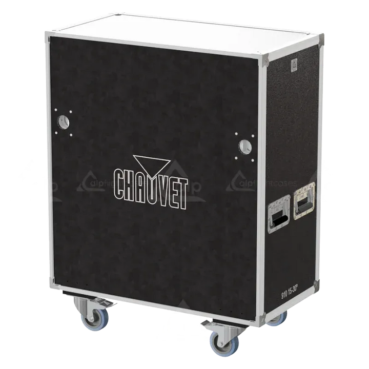 Front view of 2x Chauvet Ovation E-910FC 15-30º flight case with wheels and heavy-duty touring hardware