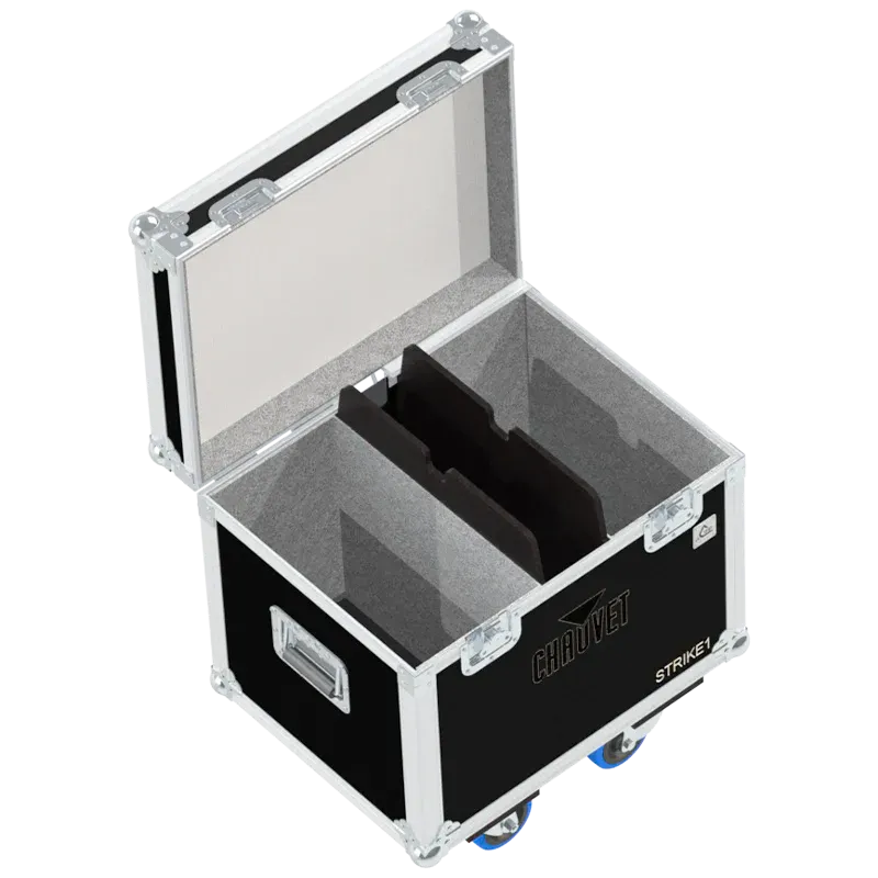 Empty ALP FLIGHT CASES 2-way trunk for Chauvet Strike 1 showing internal slots and accessory space for clamps