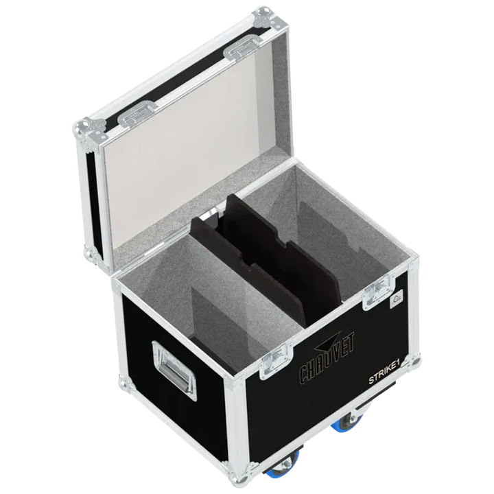 Empty ALP FLIGHT CASES 2-way trunk for Chauvet Strike 1 showing internal slots and accessory space for clamps