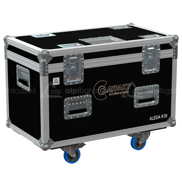 ALP FLIGHT CASES - Front view of 2x Clay Paky Aleda K10 flight case shell with heavy-duty hardware