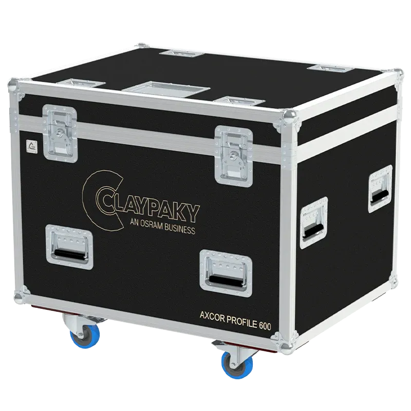 ALP FLIGHT CASES front view of 2x Claypaky Axcor Profile 600 flight case with heavy-duty touring hardware