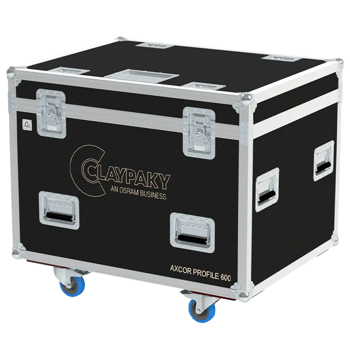 ALP FLIGHT CASES front view of 2x Claypaky Axcor Profile 600 flight case with heavy-duty touring hardware