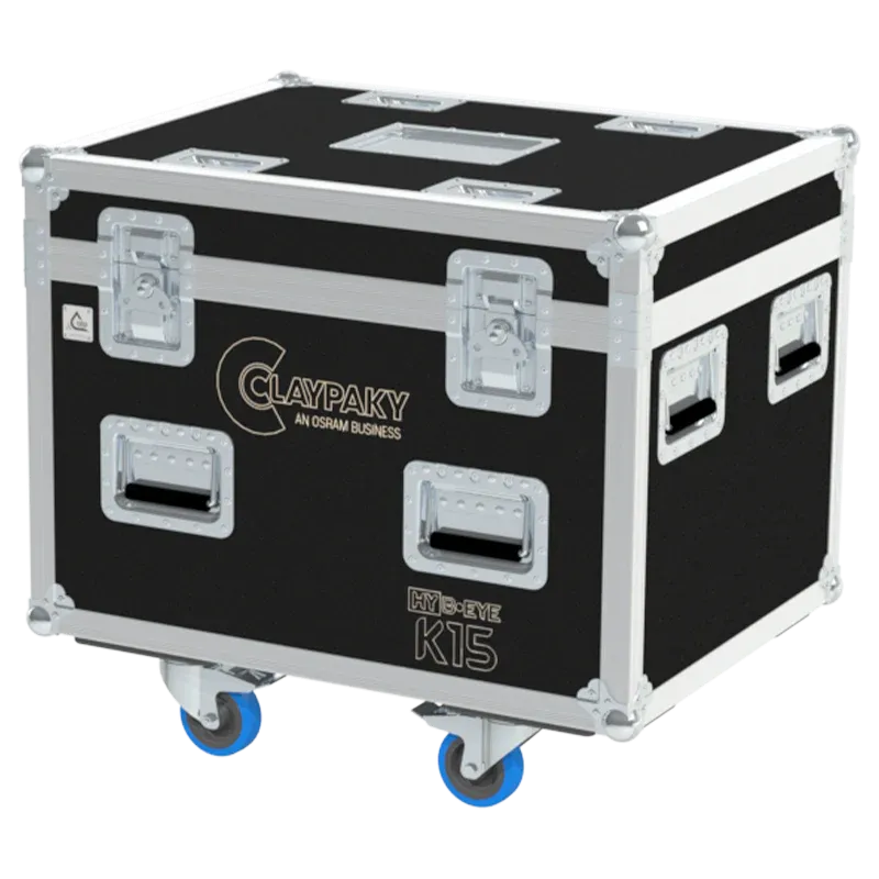 ALP FLIGHT CASES front view of 2x Claypaky HY B-EYE K15 flight case with heavy-duty touring hardware