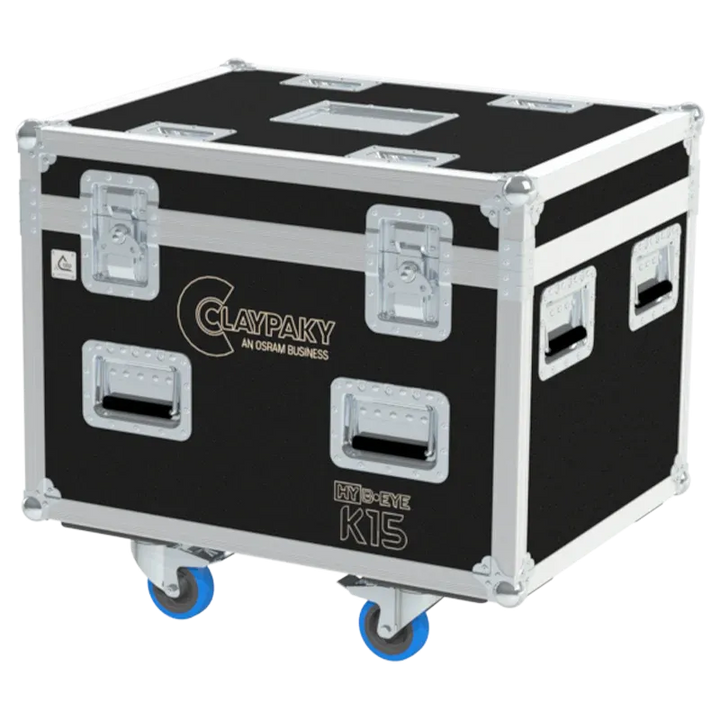 ALP FLIGHT CASES front view of 2x Claypaky HY B-EYE K15 flight case with heavy-duty touring hardware