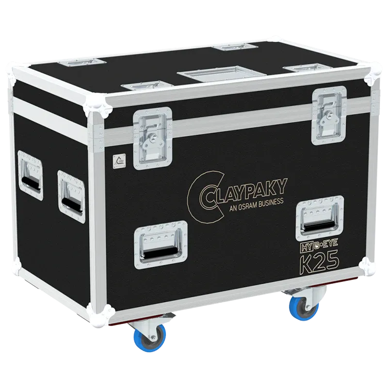ALP FLIGHT CASES front view of 2x Claypaky HY B-EYE K25 flight case with heavy-duty touring hardware