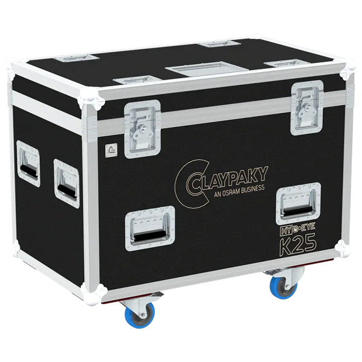 ALP FLIGHT CASES front view of 2x Claypaky HY B-EYE K25 flight case with heavy-duty touring hardware