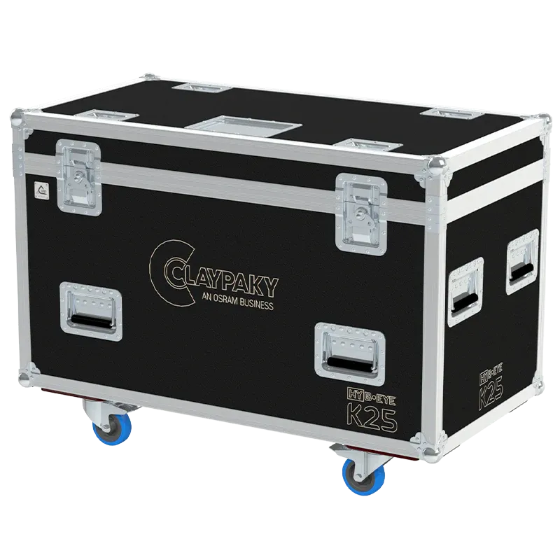 ALP FLIGHT CASES front view of 2x Claypaky HY B-EYE K25 flight case with heavy-duty touring hardware