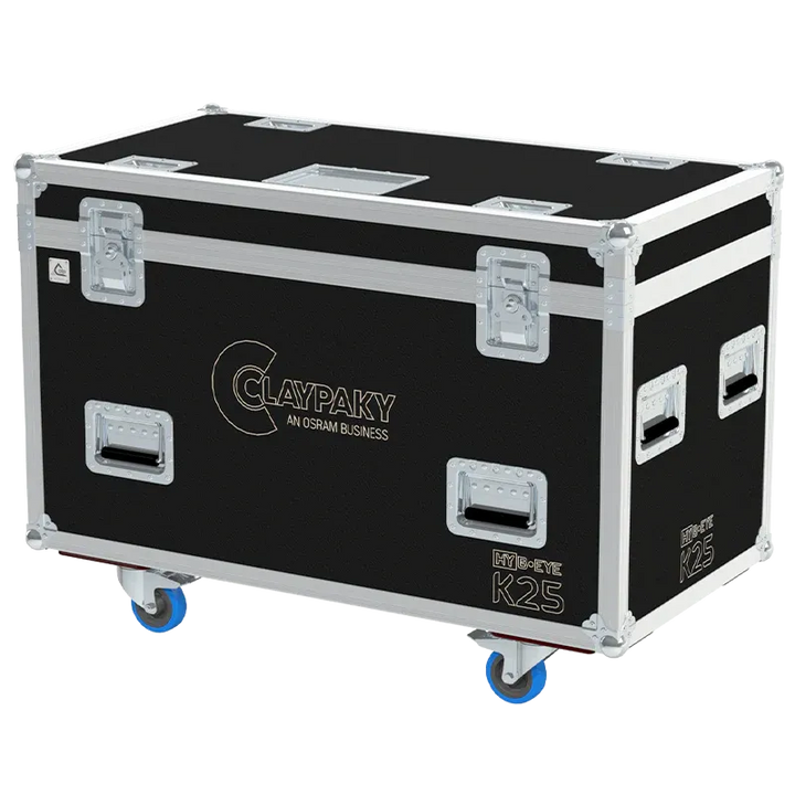 ALP FLIGHT CASES front view of 2x Claypaky HY B-EYE K25 flight case with heavy-duty touring hardware