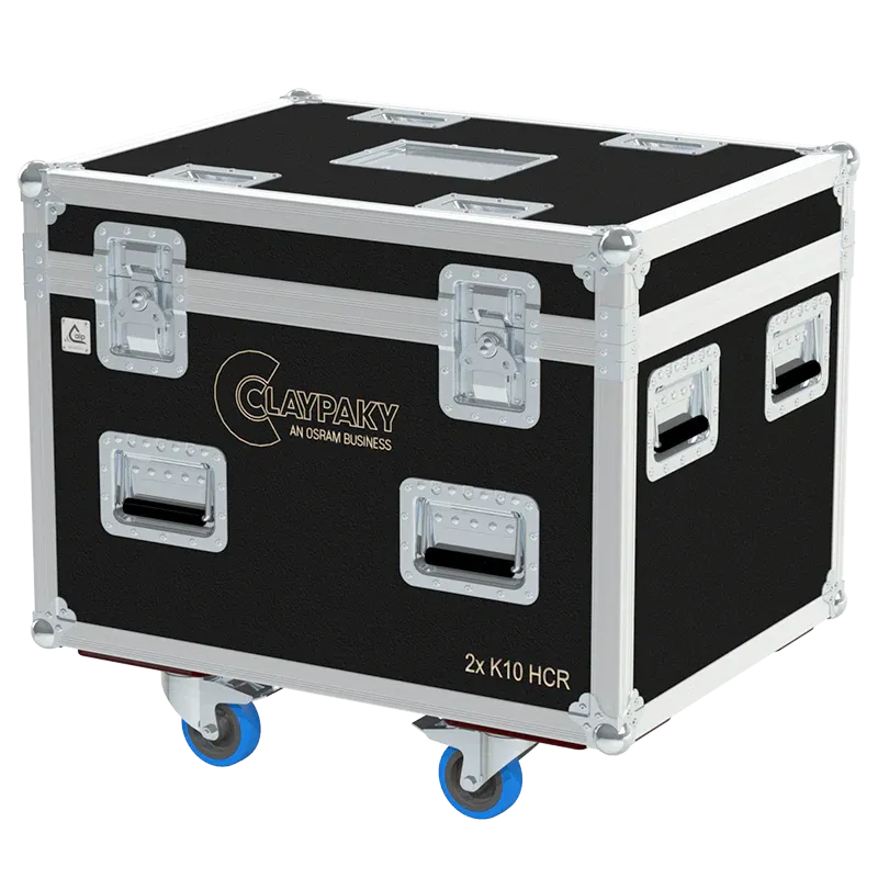 ALP FLIGHT CASES front view of 2x Claypaky K-EYE K10 HCR flight case with heavy-duty touring hardware