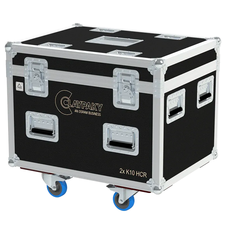 ALP FLIGHT CASES front view of 2x Claypaky K-EYE K10 HCR flight case with heavy-duty touring hardware