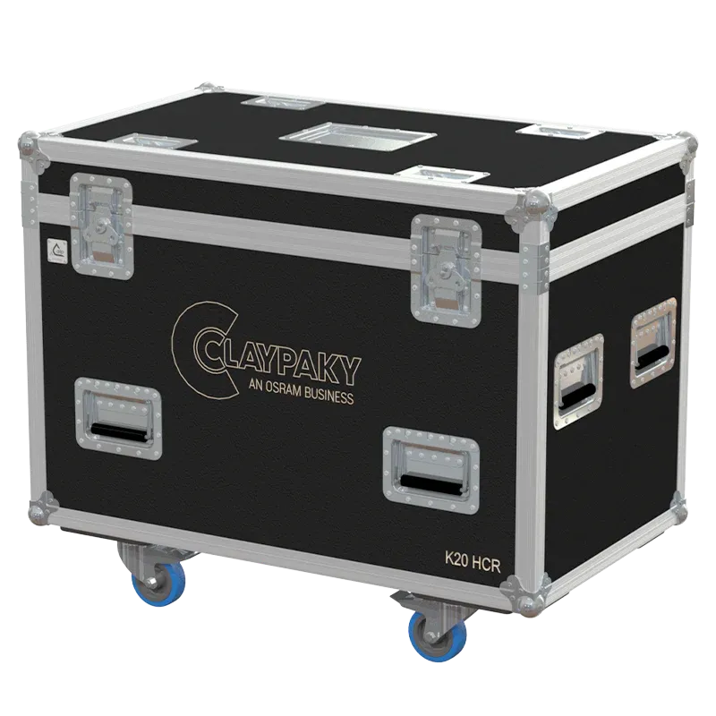 ALP FLIGHT CASES front view of 2x Claypaky K-EYE K20 HCR flight case with heavy-duty touring hardware