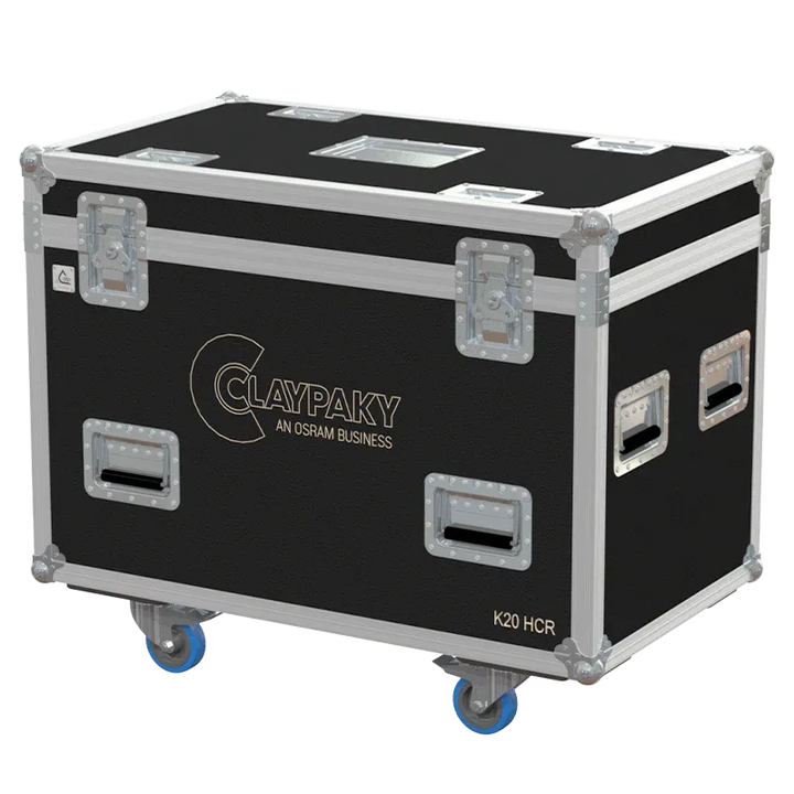 ALP FLIGHT CASES front view of 2x Claypaky K-EYE K20 HCR flight case with heavy-duty touring hardware