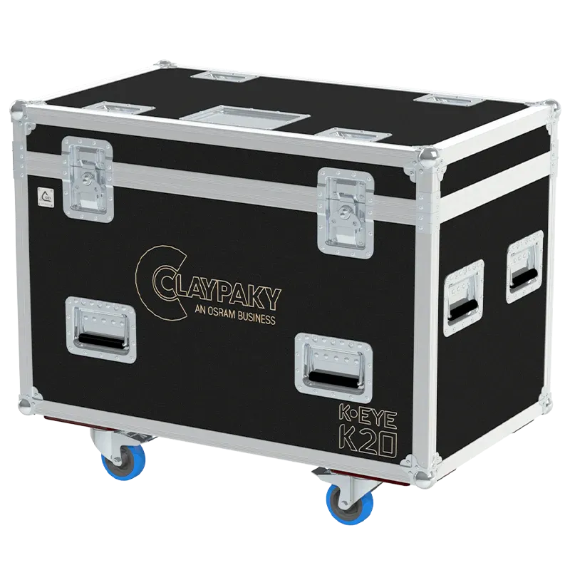 ALP FLIGHT CASES front view of 2x Claypaky K-EYE K20 flight case with heavy-duty touring hardware