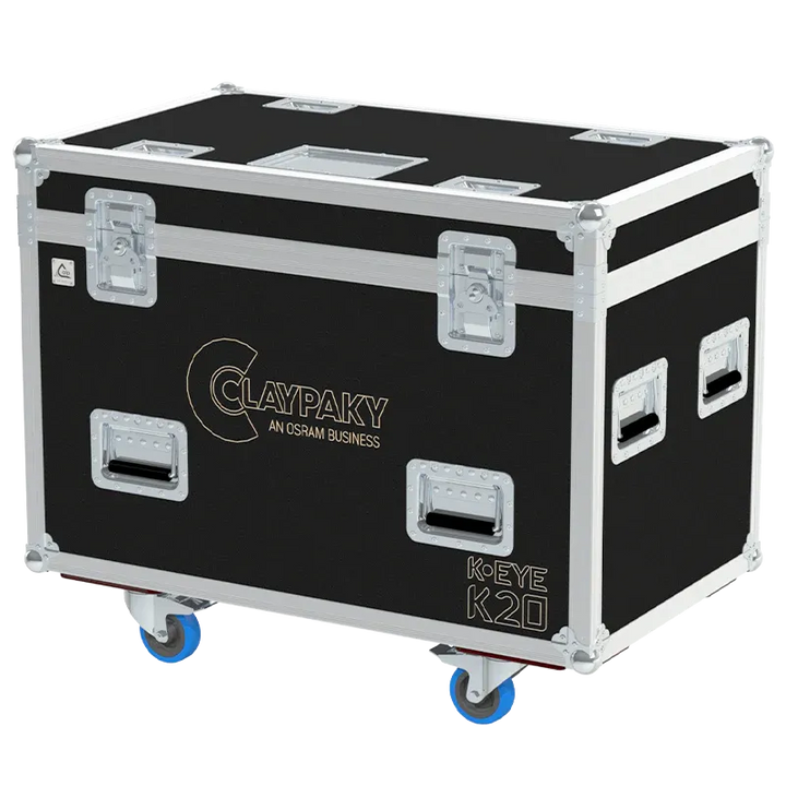 ALP FLIGHT CASES front view of 2x Claypaky K-EYE K20 flight case with heavy-duty touring hardware