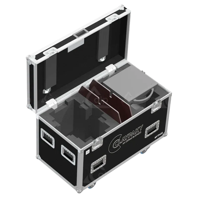 2x Clay Paky Mythos fixtures inside ALP FLIGHT CASES with custom CNC foam