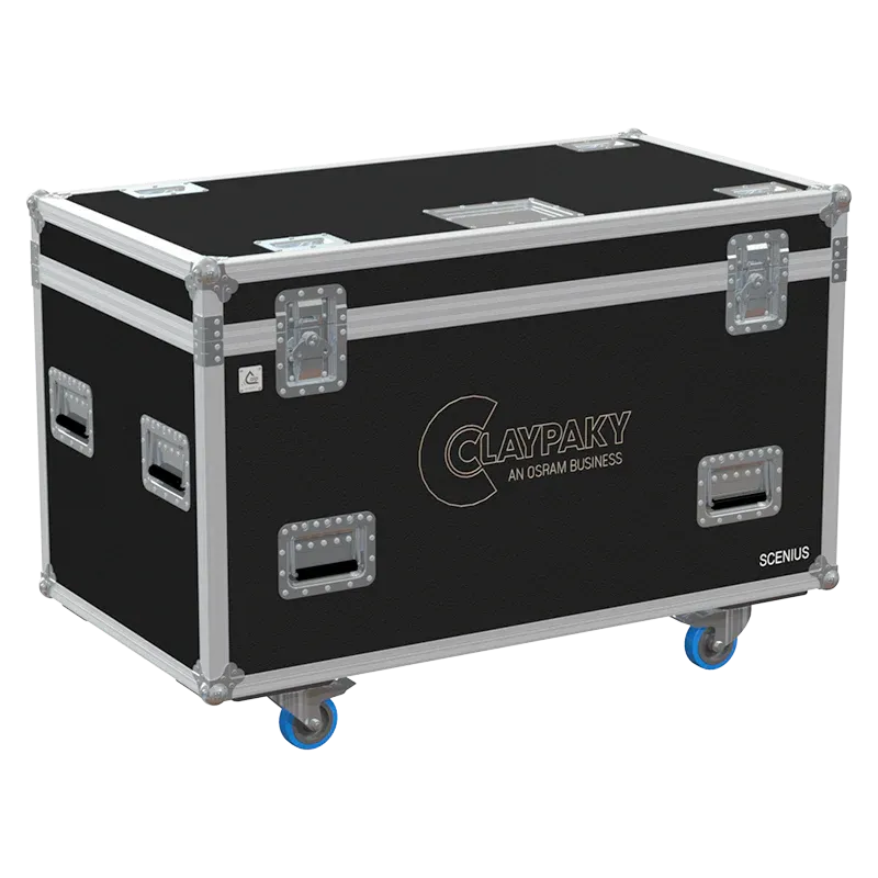 ALP FLIGHT CASES front view of 2x Claypaky Scenius flight case with heavy-duty touring hardware