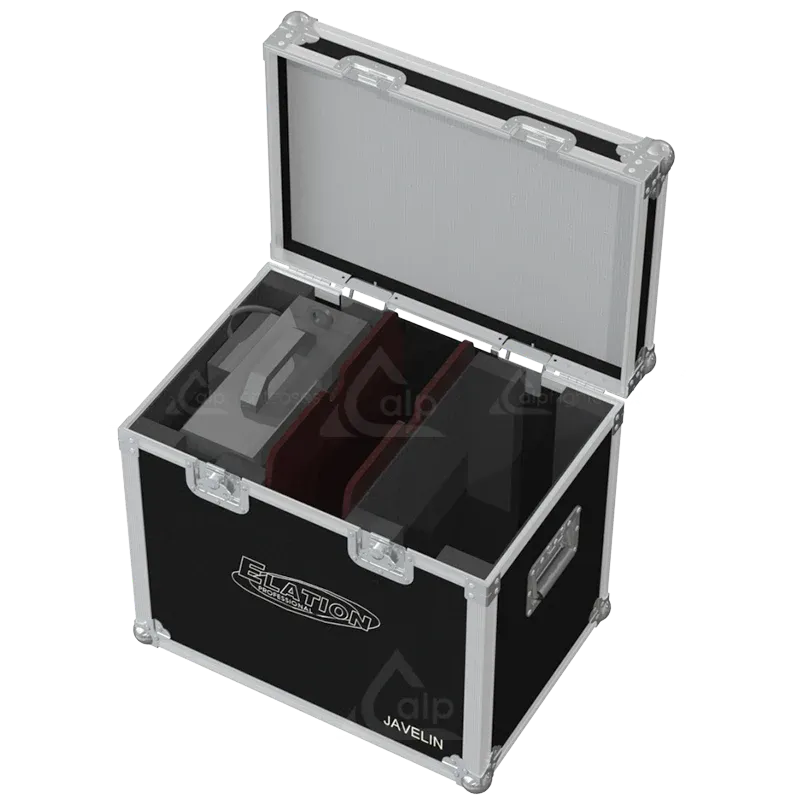2x Elation Javelin Magma series foggers stored in ALP flight case with custom CNC foam compartments for the nozzle heads