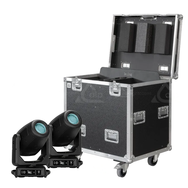 2x Elation Paragon S fixtures standing next to the ALP FLIGHT CASES touring solution - Front view